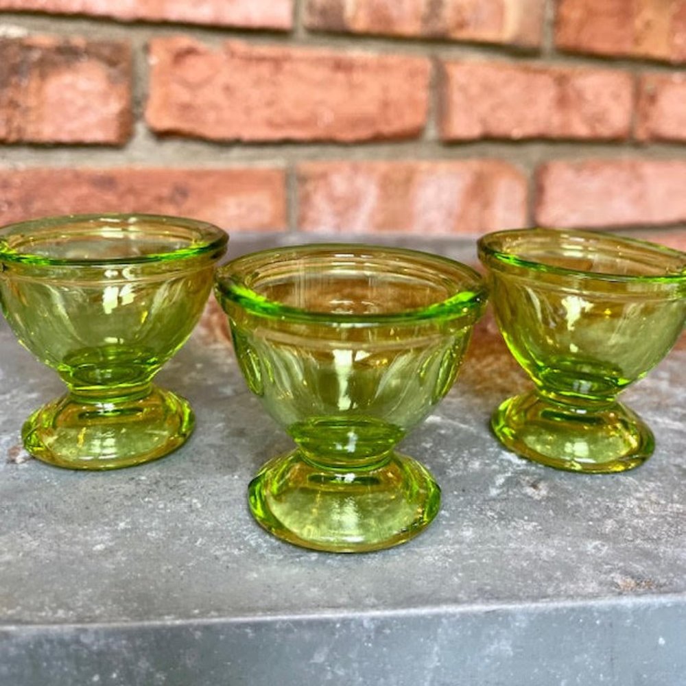 3 beautiful Vintage Green Glass OPEN SALT or egg cups if you choose